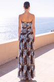 Vestido Floral Maxi de Chiffon Franzido Café Sem Alças