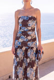 Vestido Floral Maxi de Chiffon Franzido Café Sem Alças