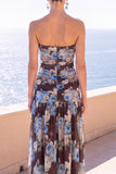 Vestido Floral Maxi de Chiffon Franzido Café Sem Alças