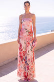 Vestido Floral Maxi de Chiffon Franzido Café Sem Alças