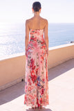 Vestido Floral Maxi de Chiffon Franzido Café Sem Alças