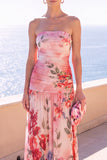 Vestido Floral Maxi de Chiffon Franzido Café Sem Alças