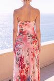 Vestido Floral Maxi de Chiffon Franzido Café Sem Alças
