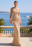 Vestido formal longo de sereia de um ombro e franzido com lantejoulas champanhe