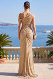 Vestido formal longo de sereia de um ombro e franzido com lantejoulas champanhe