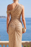 Vestido formal longo de sereia de um ombro e franzido com lantejoulas champanhe