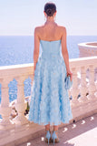 Vestido Midi A-Line Sem Alças Floral Azul com Aplicações