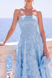 Vestido Midi A-Line Sem Alças Floral Azul com Aplicações