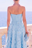 Vestido Midi A-Line Sem Alças Floral Azul com Aplicações