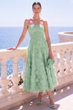 Vestido Midi A-Line Sem Alças Floral Azul com Aplicações