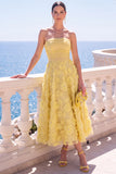 Vestido Midi A-Line Sem Alças Floral Azul com Aplicações