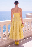Vestido Midi A-Line Sem Alças Floral Azul com Aplicações
