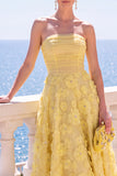 Vestido Midi A-Line Sem Alças Floral Azul com Aplicações