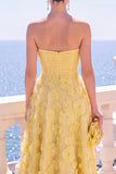 Vestido Midi A-Line Sem Alças Floral Azul com Aplicações