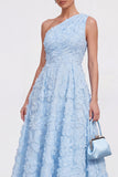 Vestido Midi Azul A-Line de Um Ombro Floral com Missangas