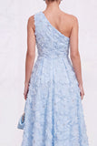 Vestido Midi Azul A-Line de Um Ombro Floral com Missangas
