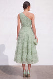 Vestido Midi Azul A-Line de Um Ombro Floral com Missangas