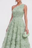 Vestido Midi Azul A-Line de Um Ombro Floral com Missangas