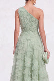 Vestido Midi Azul A-Line de Um Ombro Floral com Missangas