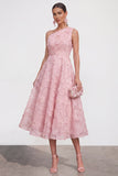 Vestido Midi Azul A-Line de Um Ombro Floral com Missangas
