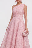 Vestido Midi Azul A-Line de Um Ombro Floral com Missangas