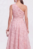 Vestido Midi Azul A-Line de Um Ombro Floral com Missangas