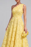 Vestido Midi Azul A-Line de Um Ombro Floral com Missangas