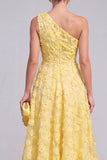 Vestido Midi Azul A-Line de Um Ombro Floral com Missangas