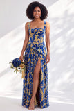 Corset de veludo azul com gola quadrada, vestido longo de dama de honor floral franzido com fenda