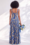Corset de veludo azul com gola quadrada, vestido longo de dama de honor floral franzido com fenda