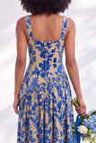 Corset de veludo azul com gola quadrada, vestido longo de dama de honor floral franzido com fenda
