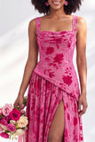 Corset de veludo azul com gola quadrada, vestido longo de dama de honor floral franzido com fenda