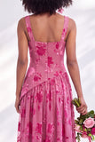 Corset de veludo azul com gola quadrada, vestido longo de dama de honor floral franzido com fenda