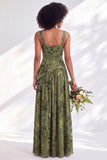Corset de veludo azul com gola quadrada, vestido longo de dama de honor floral franzido com fenda