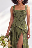 Corset de veludo azul com gola quadrada, vestido longo de dama de honor floral franzido com fenda
