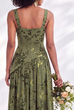 Corset de veludo azul com gola quadrada, vestido longo de dama de honor floral franzido com fenda