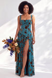 Corset de veludo azul com gola quadrada, vestido longo de dama de honor floral franzido com fenda