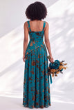 Corset de veludo azul com gola quadrada, vestido longo de dama de honor floral franzido com fenda