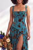 Corset de veludo azul com gola quadrada, vestido longo de dama de honor floral franzido com fenda