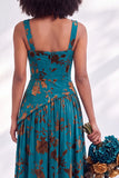 Corset de veludo azul com gola quadrada, vestido longo de dama de honor floral franzido com fenda