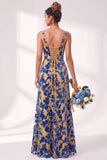Vestido comprido de dama de honor com decote quadrado de veludo floral e franzido com decote quadrado de sereia