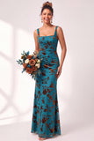 Vestido comprido de dama de honor com decote quadrado de veludo floral e franzido com decote quadrado de sereia