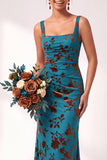 Vestido comprido de dama de honor com decote quadrado de veludo floral e franzido com decote quadrado de sereia