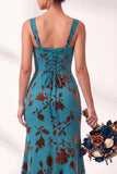 Vestido comprido de dama de honor com decote quadrado de veludo floral e franzido com decote quadrado de sereia