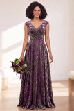 Vestido comprido de dama de honor com veludo preto prateado e mangas fechadas