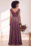 Vestido comprido de dama de honor com veludo preto prateado e mangas fechadas