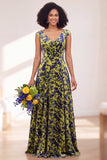 Vestido comprido de dama de honor com veludo preto prateado e mangas fechadas