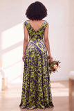 Vestido comprido de dama de honor com veludo preto prateado e mangas fechadas