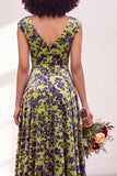 Vestido comprido de dama de honor com veludo preto prateado e mangas fechadas