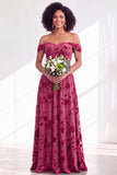 Vestido comprido de dama de honor em veludo fúcsia em veludo A-Line A-Line Ombro Descoberto